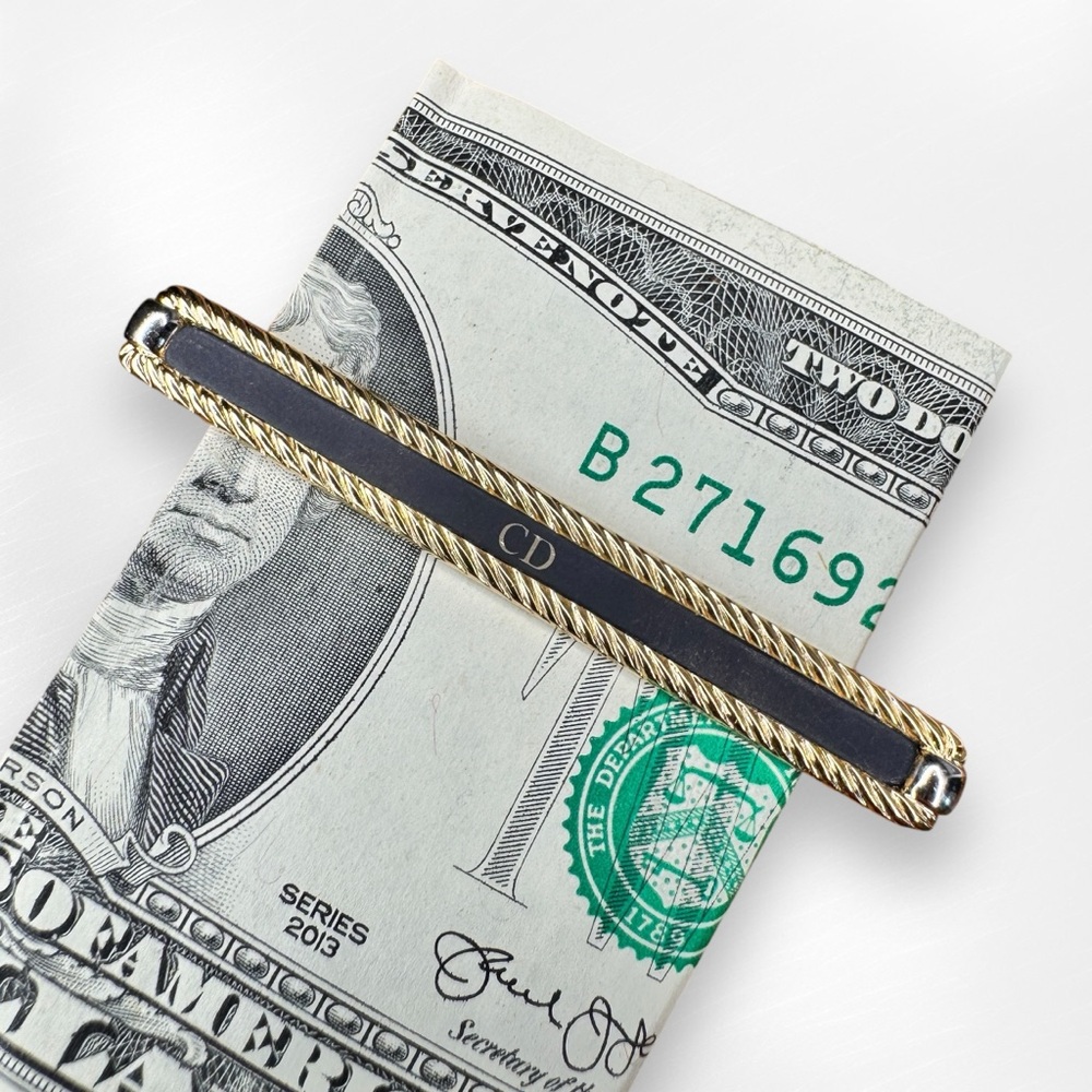 Christian Dior Vintage Cufflinks and Tie Bar / Money Clip Gold Silver & Black - Picture 10 of 14